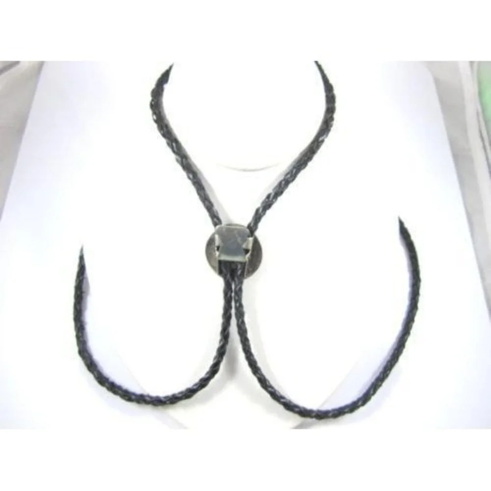 Vintage Bolo Tie Southwest Design Pendant Black Braided Leather‎ Necklace